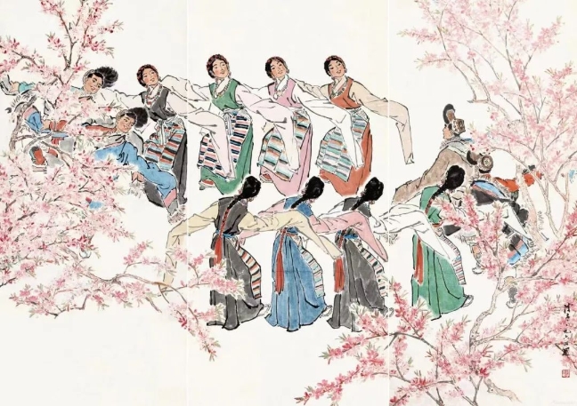葉淺予高原之春紙本設色211cm×98cm、211cm×105cm、211cm×98cm1964年